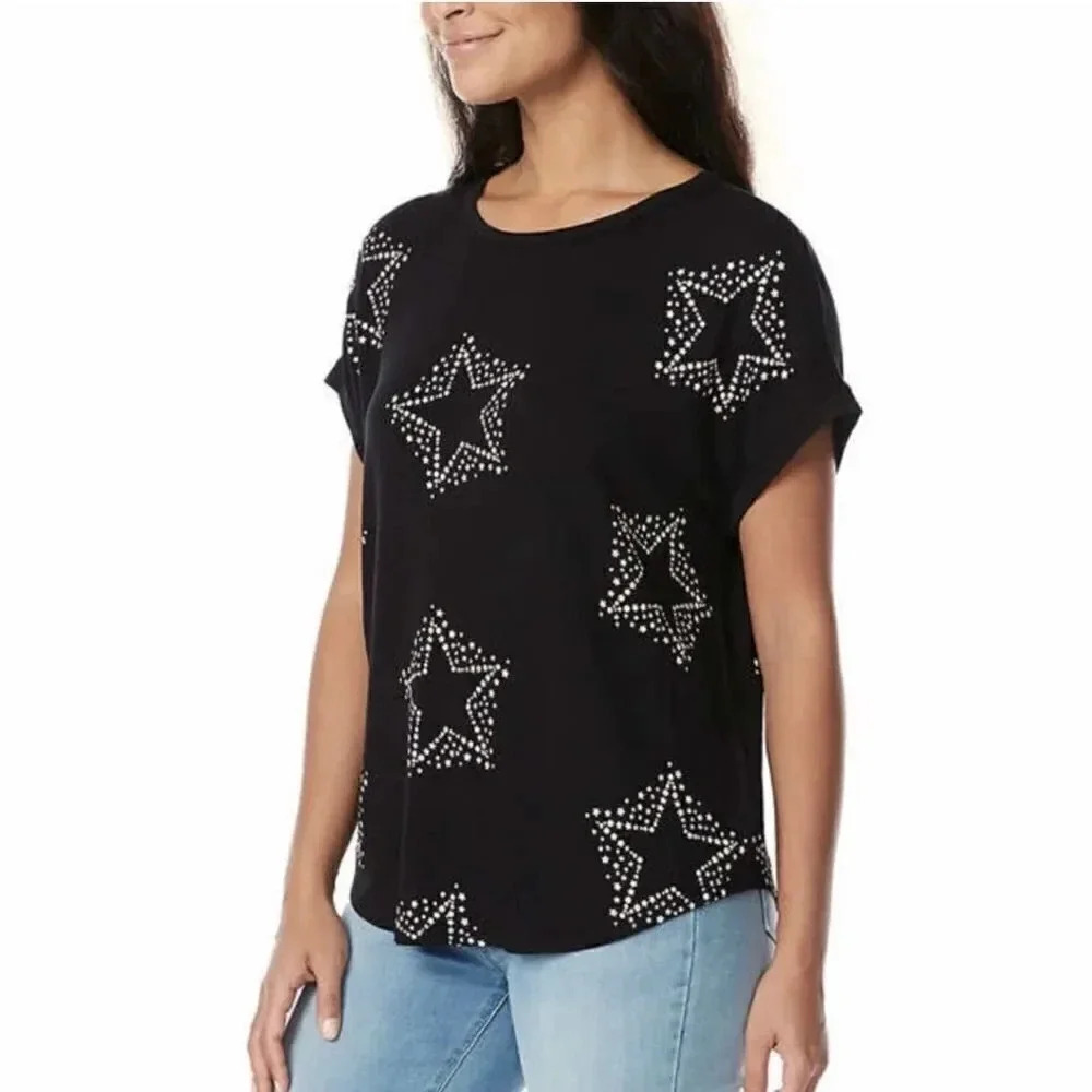 NWT Buffalo French Terry Top Small Black Million Stars Short Sleeve